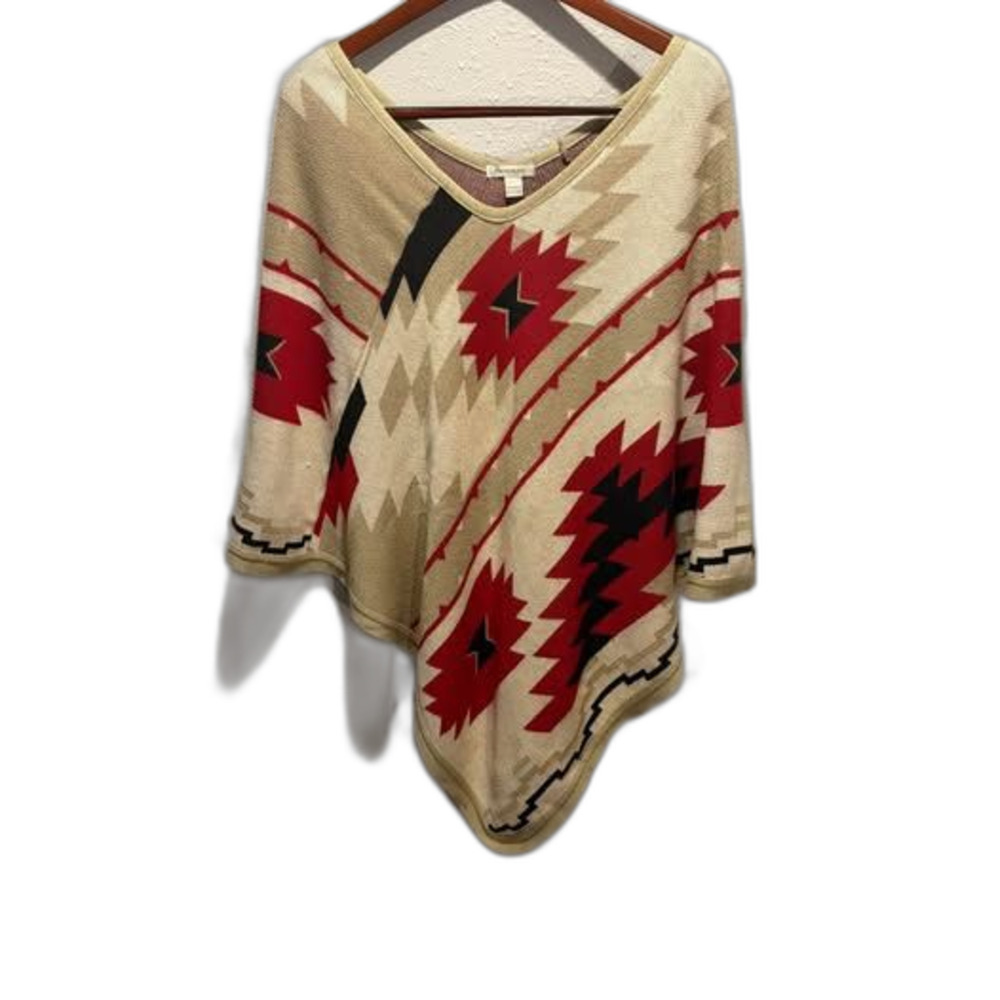 Boston Proper Southwestern Aztec Knit Poncho Sweater- Asymmetric Hem V-Neck XS/S